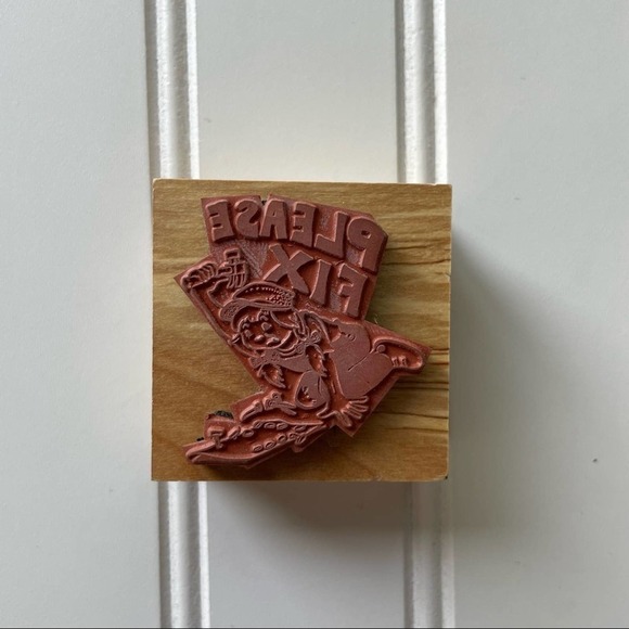 Vintage Wood Block Rubber Stamp Handyman Girl Please Fix Hammer Tool - Picture 4 of 6